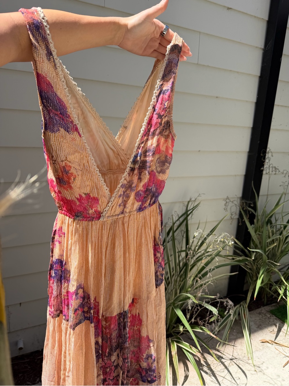 HEMANT & NANDITA Peach Maxi Dress with Pink & Purple Floral Print